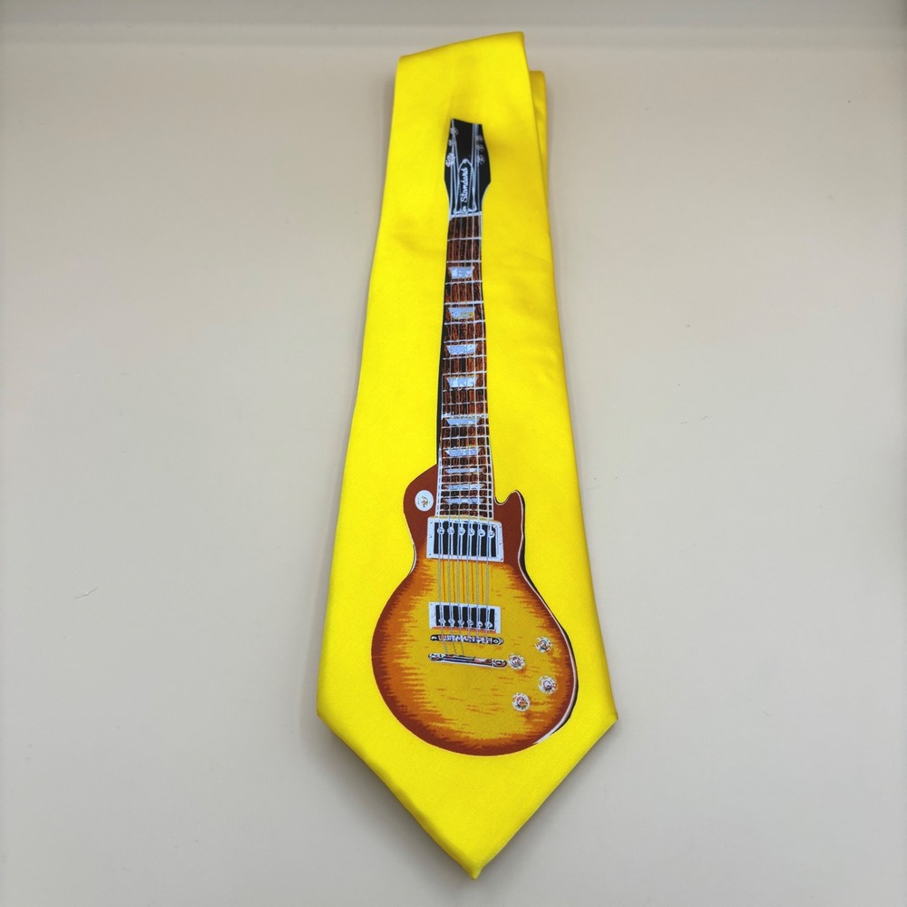 Robin Ruth Mens Yellow Silk Electric Guitar Graphic Music Necktie Handmade